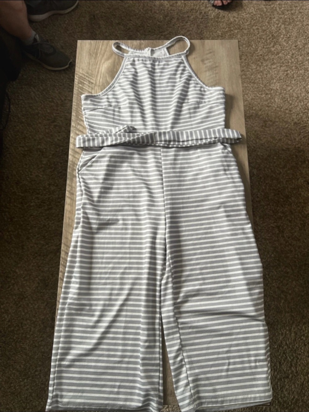 Woman’s  Gray & White Striped Halter Jumpsuit